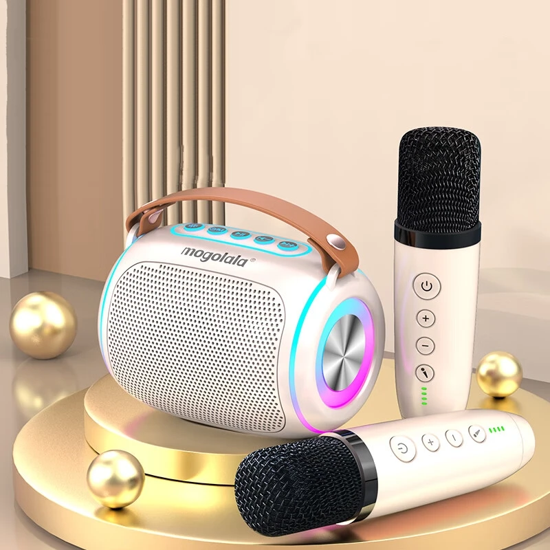 더블 위트 휴대용 블루투스 스피커 마이크 세트, 컬러풀 라이트 서브우퍼 가정용 어린이 파티 카라오케 기계