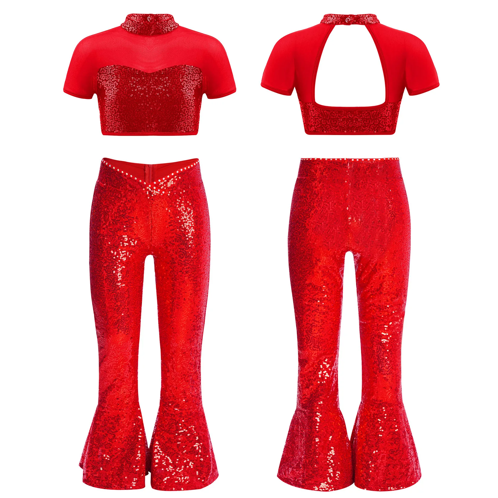 أطفال بنات لامعة الترتر الجاز الرقص الزي قصيرة الأكمام شبكة انقطاع المحاصيل الأعلى مع سستة جرس أسفل السراويل الرقص الحديث زي