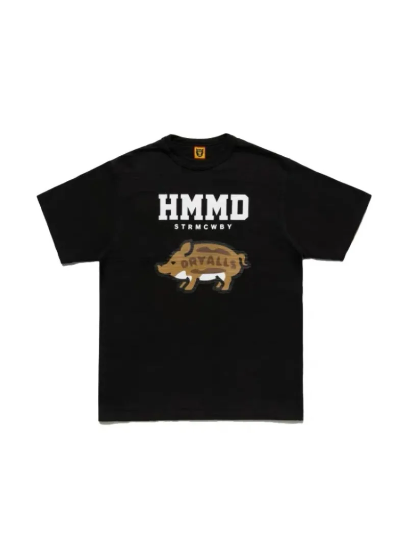 Human Made Style 25SS Cartoon Pig Letter Slub Cotton T-Shirt, Loose Casual Tee for Unisex