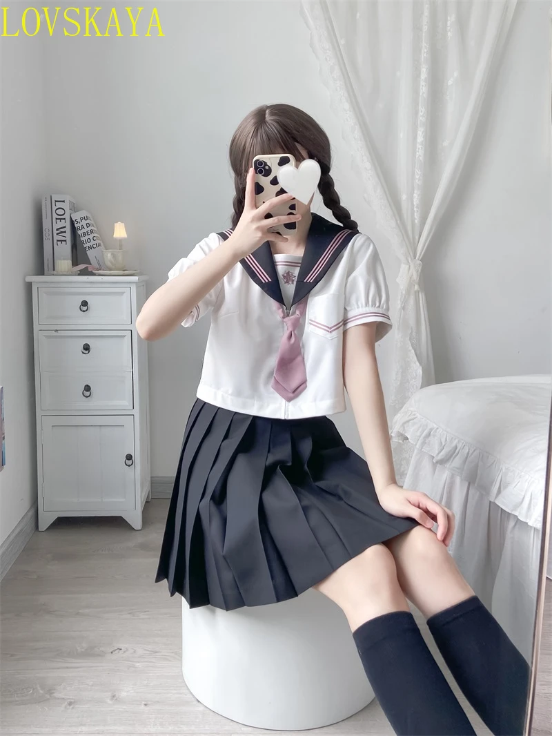 Japanese student orthodox school uniform, dark girl Sakuragawa Cool girl JK uniform dress, summer short sleeved short skirt set