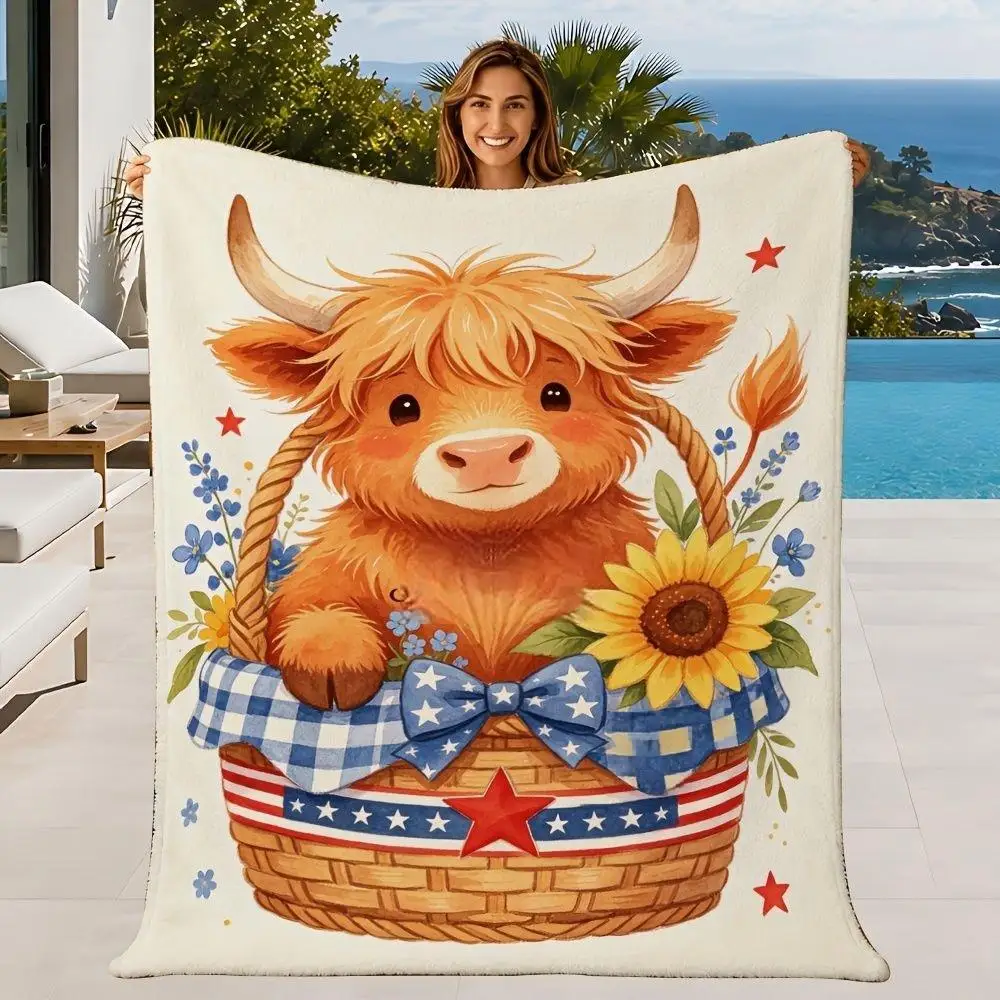 Soft Blanket with Cute Highland Cow Basket, Cozy for Sofa Bed