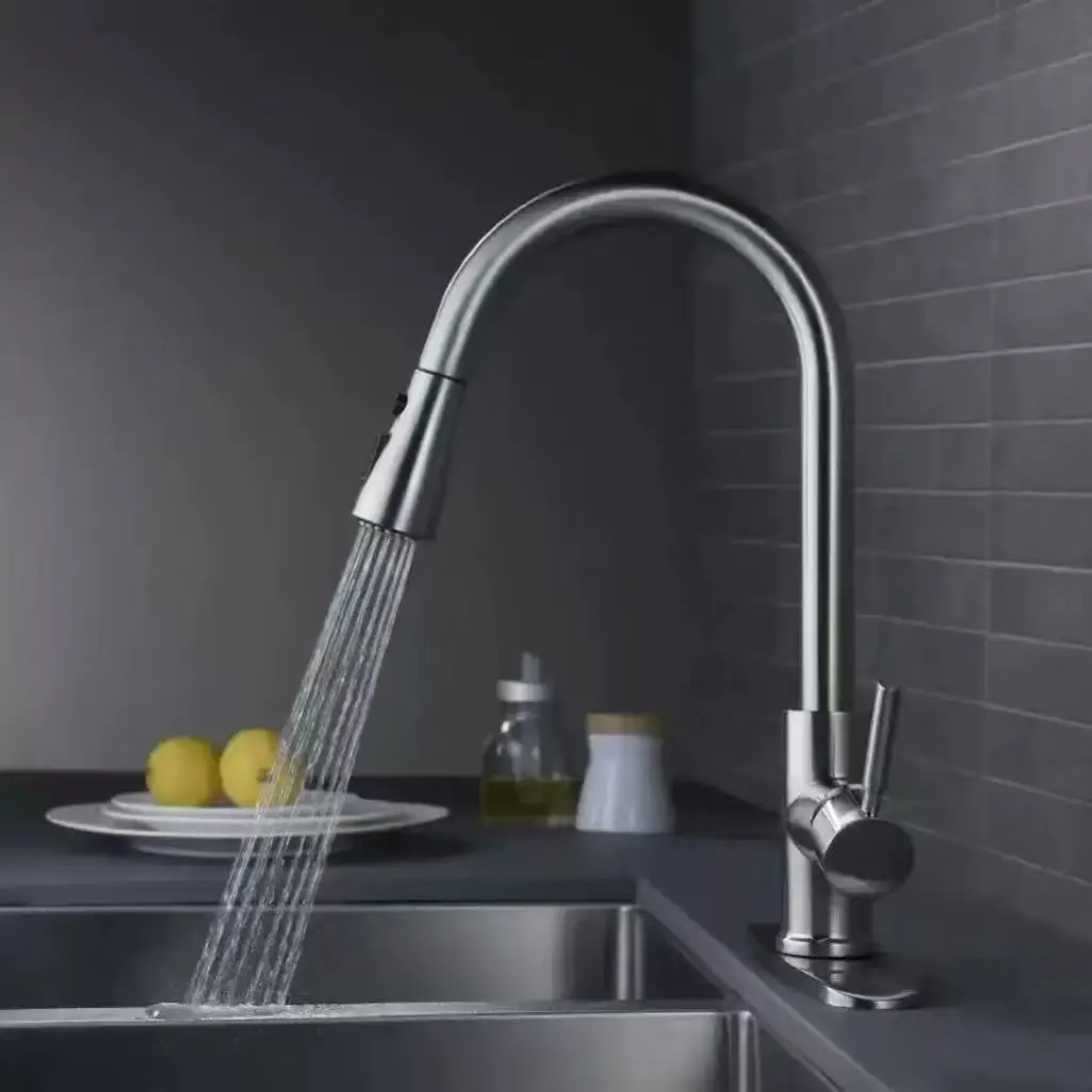 

Stainless steel kitchen faucet single hole pull out spout kitchen sink mixer faucet flow spray head 360 swivel cleaning faucet