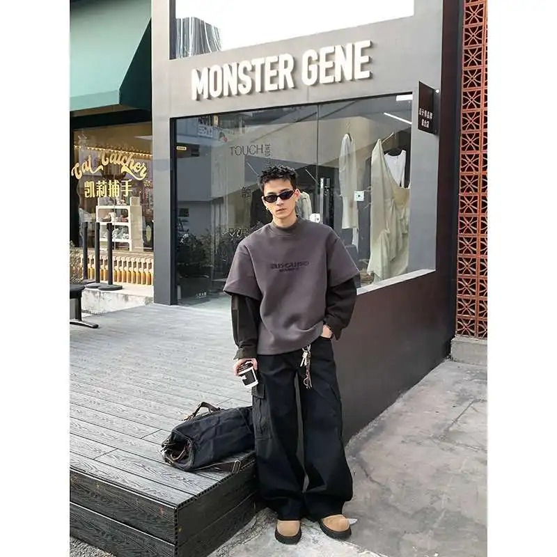 سترة رجالية كبيرة الحجم مطرزة للخدمة الشاقة الأمريكية مكونة من قطعتين برقبة دائرية سترة ربيعية فضفاضة غير رسمية تناسب الجميع