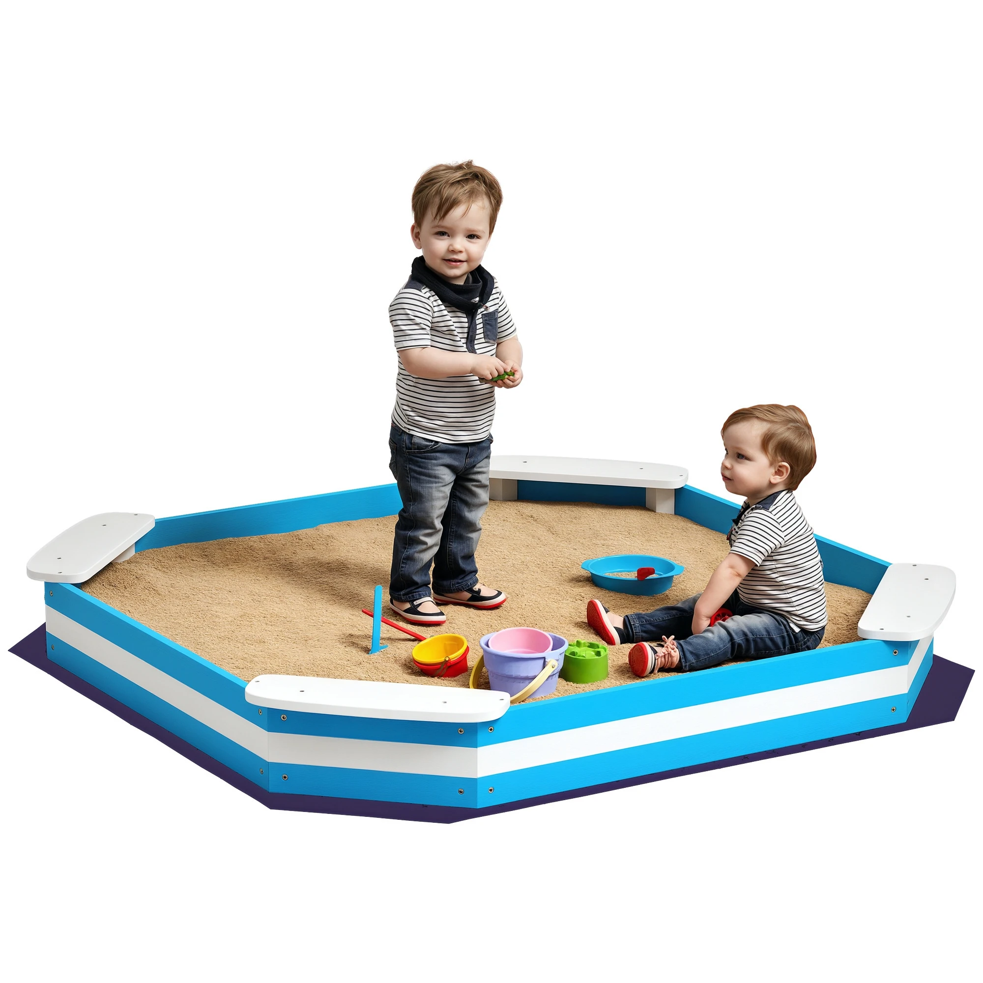 Aiyaplay Houten Kindersandbak met 4 zitplaatsen Gestreept ontwerp en beschermbasis voor tuin 133X133X16 cm Blauw en Wit