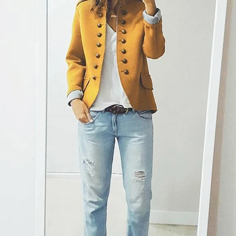 Nuovo 2023 giacche da donna Blazer manica lunga fibbia a righe giallo Slim piccolo vestito Femme stile caldo cappotto allentato modello rosso Mujer