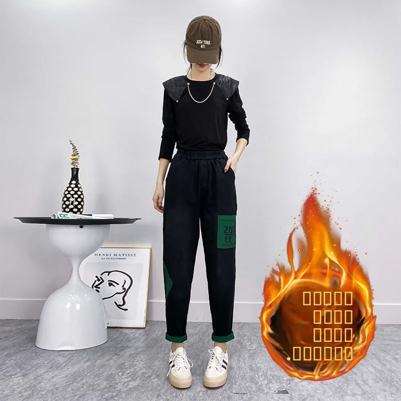 

Женские джинсы-шаровары с высокой талией, на флисовой подкладке, с вышивкой и пэчворком, больших размеров, свободного кроя, утепленные, осенне-зимние, в стиле ретро