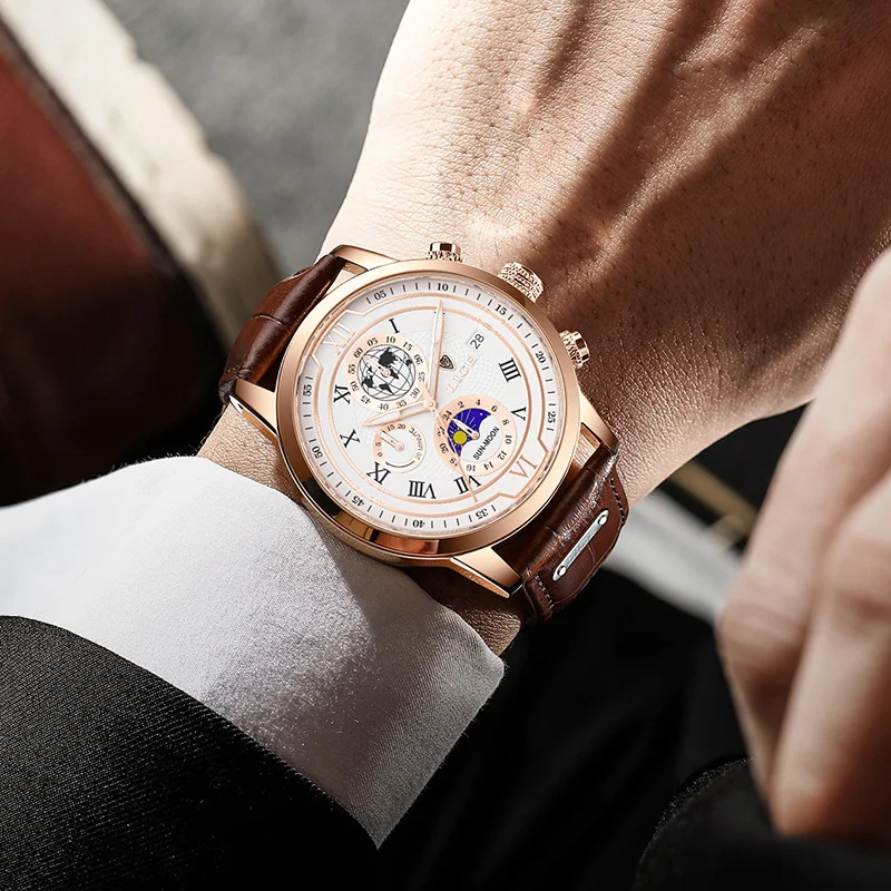 LIGE Leather Men Watches Fashion Creative Luminous Big Dial Chronograph Man Watch Casual Waterproof Business Quartz Wristwatches