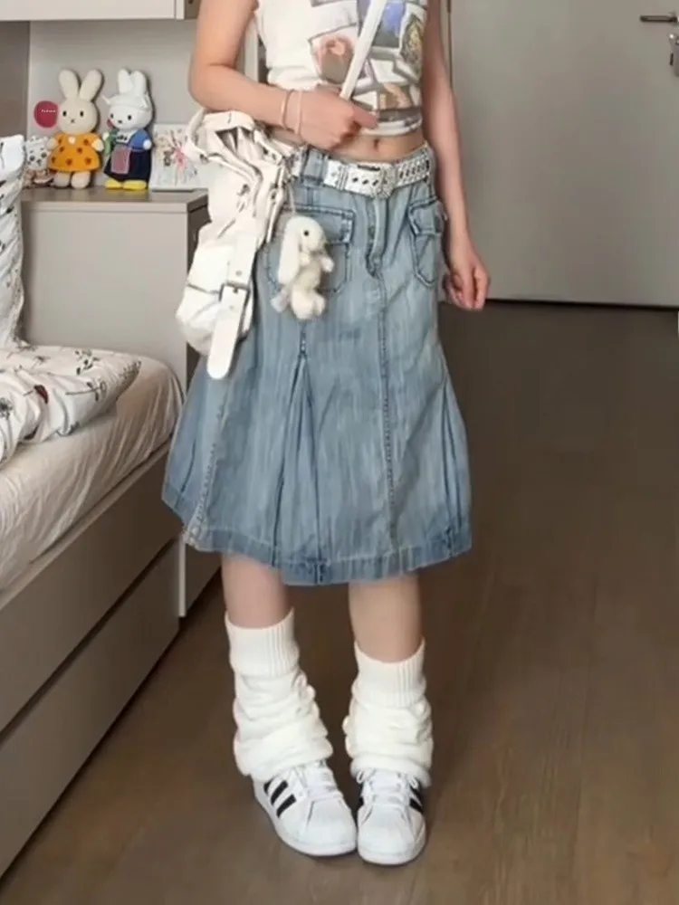 Retro Amerykańska Hot Girl Vintage Spódnica Jeansowa z Plisami w Stylu Y2K Millennium, Uniwersalna Spódnica o Długości do Kolan