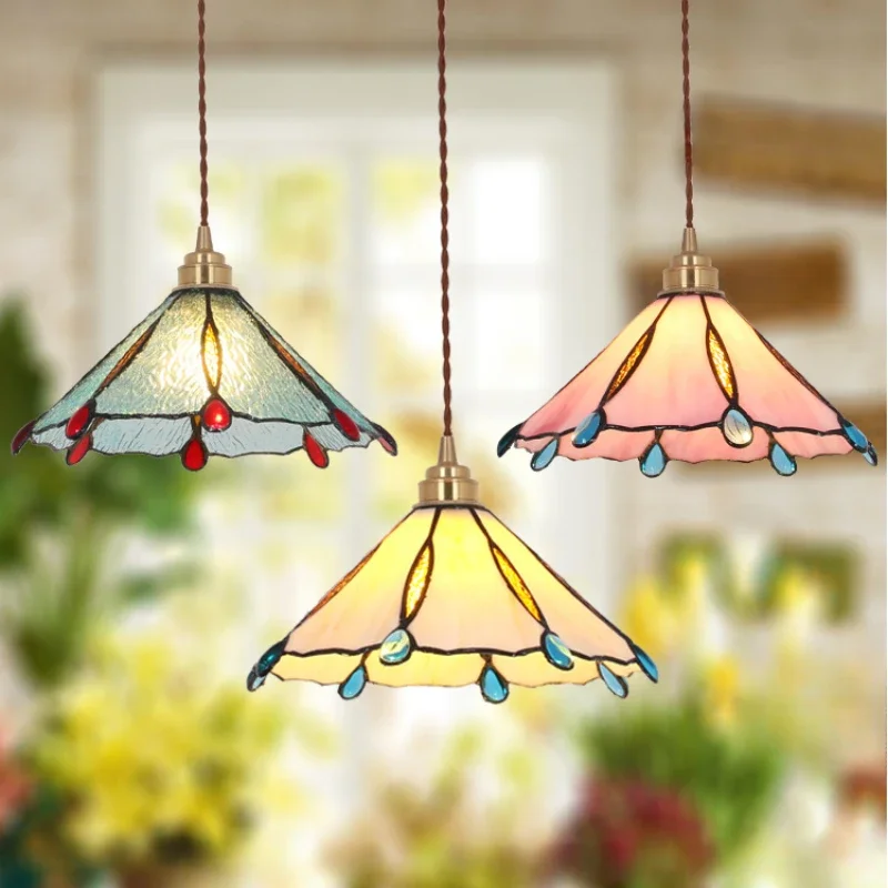 

Retro Colorful Glass Pendant Light Mediterranean Countryside Hanging Lamp for Bedroom Bedside Living Room Led Ceiling Chandelier