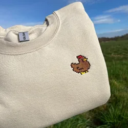Pixel Chicken Embroidered Cute Unisex Sweatshirts Autumn Winter Thick Fleece Warm Sweatshirts Casual Loose Crewneck Jumpers