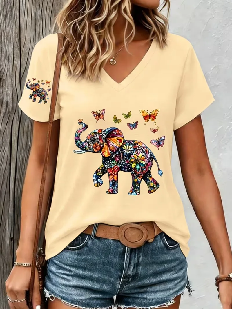 Fashion retro animal elephant 3D print women's T-shirt for summer comfort V-neck short sleeved daily casual y2k women's clothes