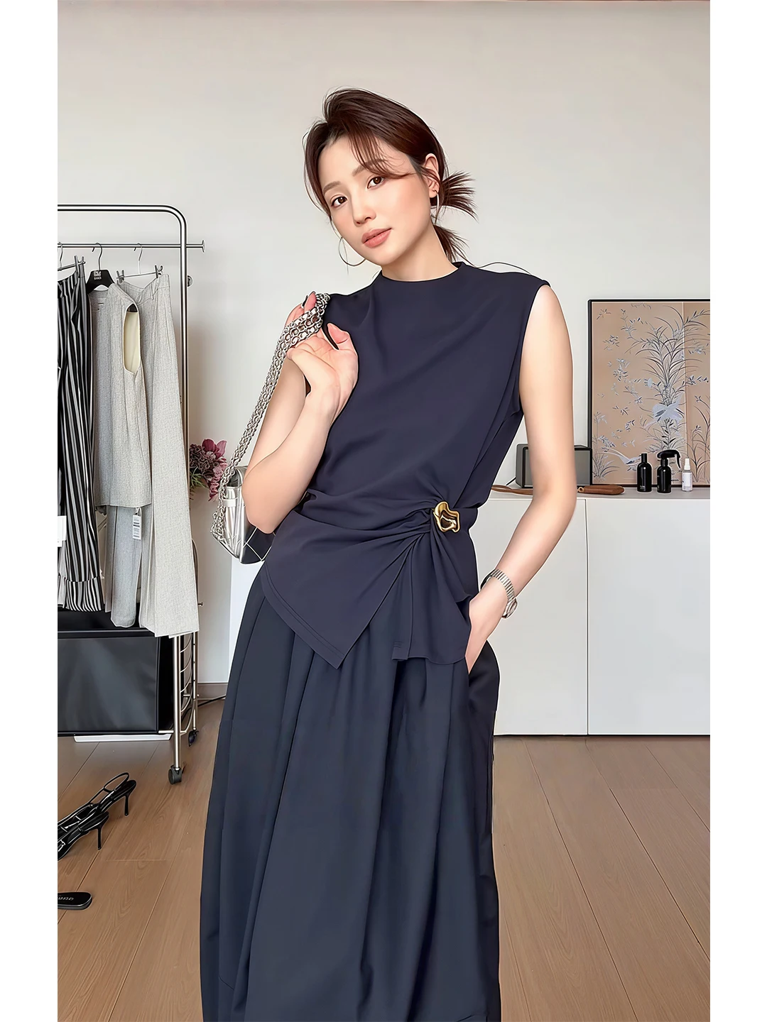 Elegant Summer Commute Women's Set Drawstring Waist Top Flower Bud Half Skirt Two-Piece Set Casual Loose Fit round Neck Butto...