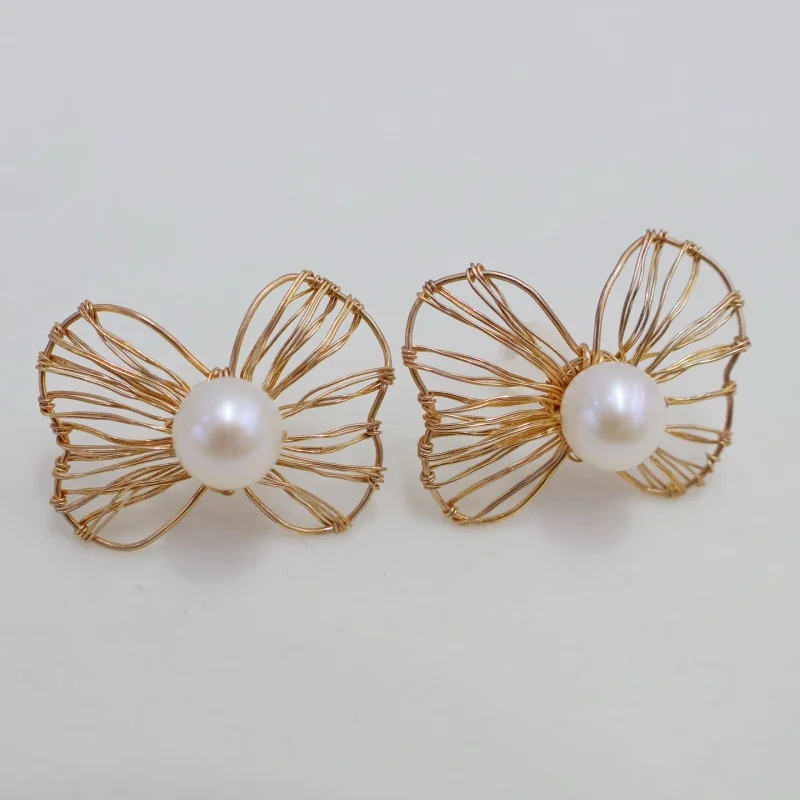 

SGARIT новый оригинальный дизайн 7-8 мм 14 К позолоченные серьги с цветами натуральный пресноводный жемчуг серьги ручной работы в проволоке