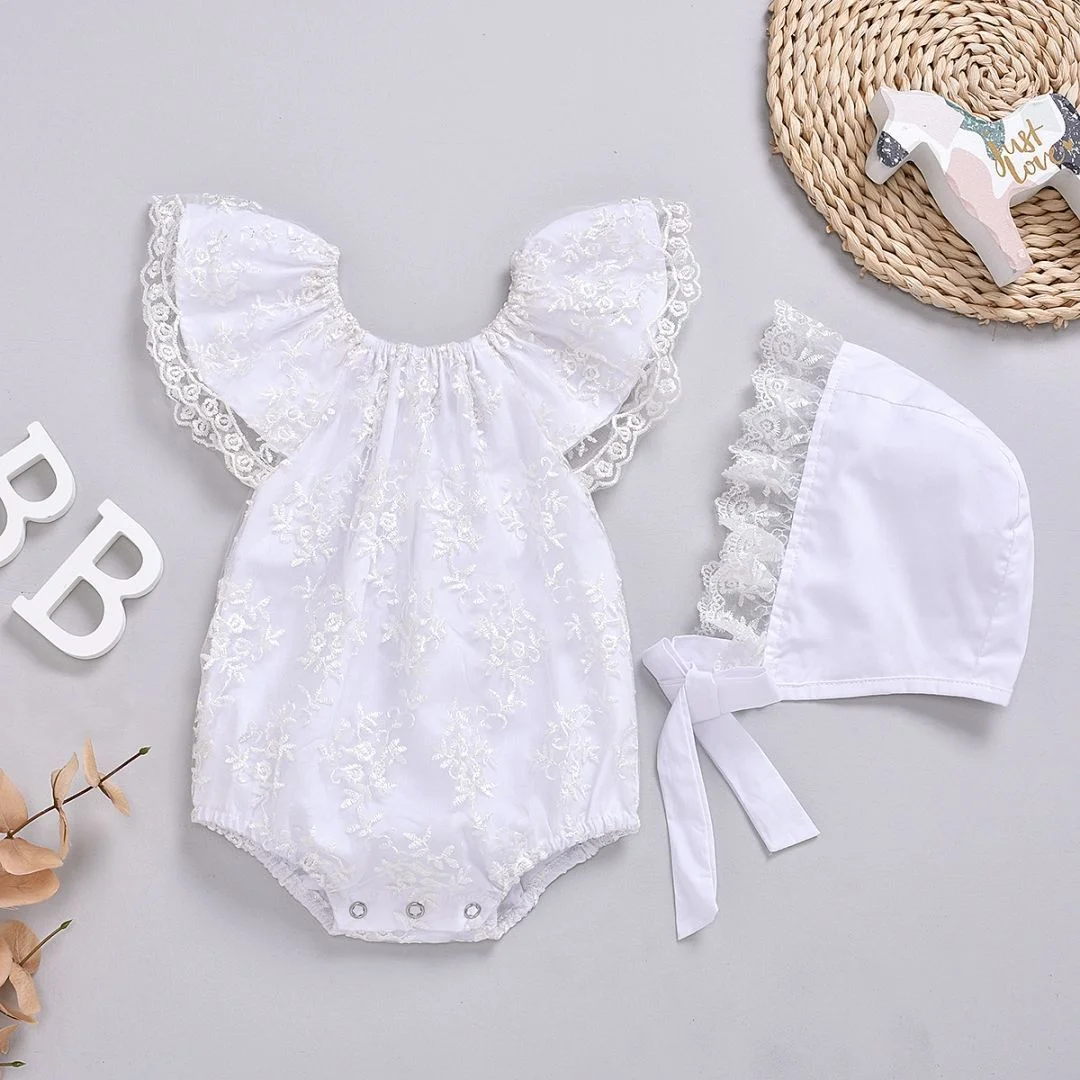 

Baby Girl White Embroidered Dress Romper with Lace Hat Full Moon Hundred Days Photo Outfit Infant Clothing