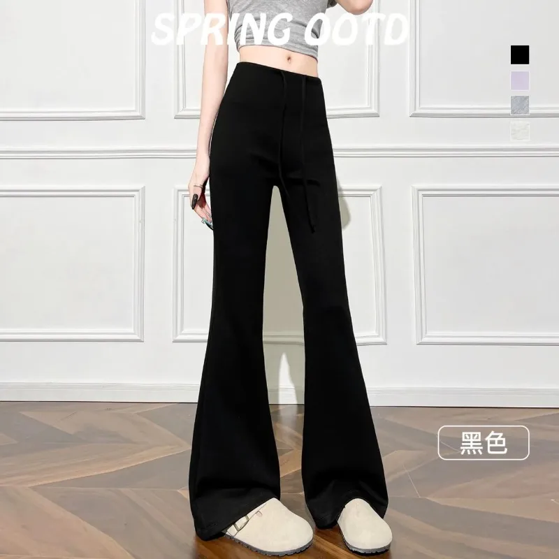 Womens High Waist Drawstring Micro Flare Sweatpants Slim Draped Floor Length Horseshoe Casual Sports Trousers Multiple Colors
