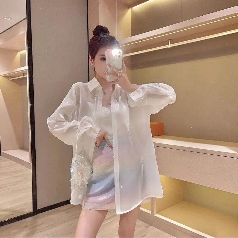 Summer Woman Clothes Long Sleeve Shirt Ins Elegant Polo-neck Thin Chic All-match Solid Color Simplicity Elegant Trend Fashion