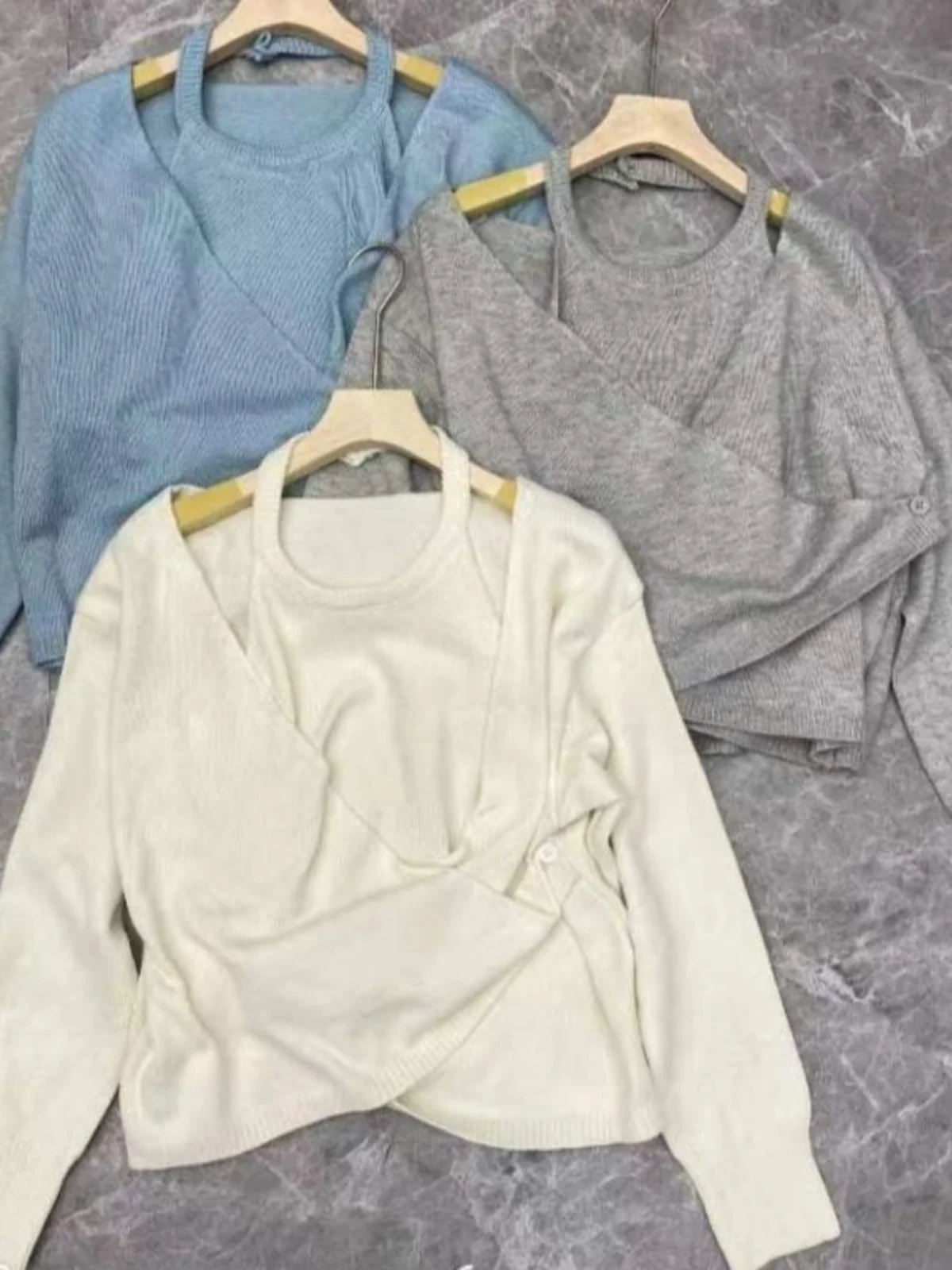 한국 스타일 브이넥 숏 니트 스웨터 여성용 레이지 패션 넥 행잉 탑 봄 투피스 세트 따뜻함 발산 긴팔