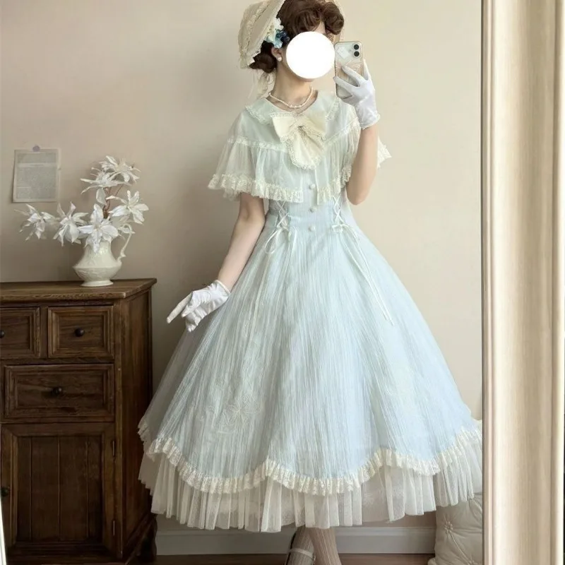 

Новое японское и корейское элегантное платье в стиле лолита 2026 года, уличная одежда для женщин, с завышенной талией, бантом, кружевом, оборками, шалью, облегающее, миди-платье