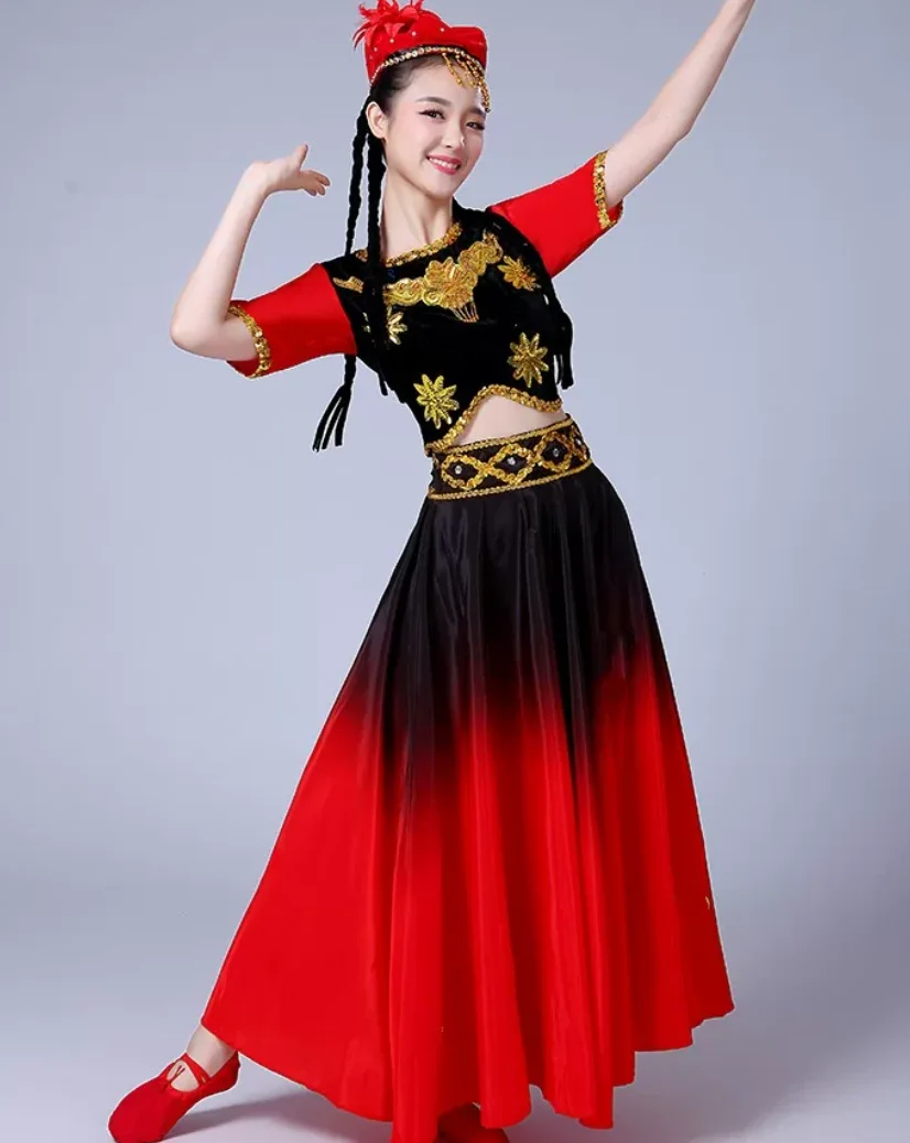 1set/lot woman ethnic dancing red costumes female xinjiang dancing clothing chinese folk dance