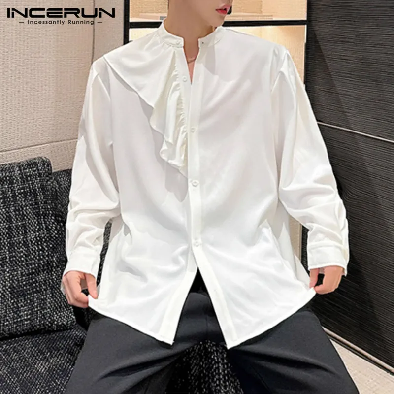 

INCERUN 2024 Korean Style New Mens Tops Court Style Irregular Flounce Design Shirts Casual Fashionable Stand Collar Blouse S-5XL