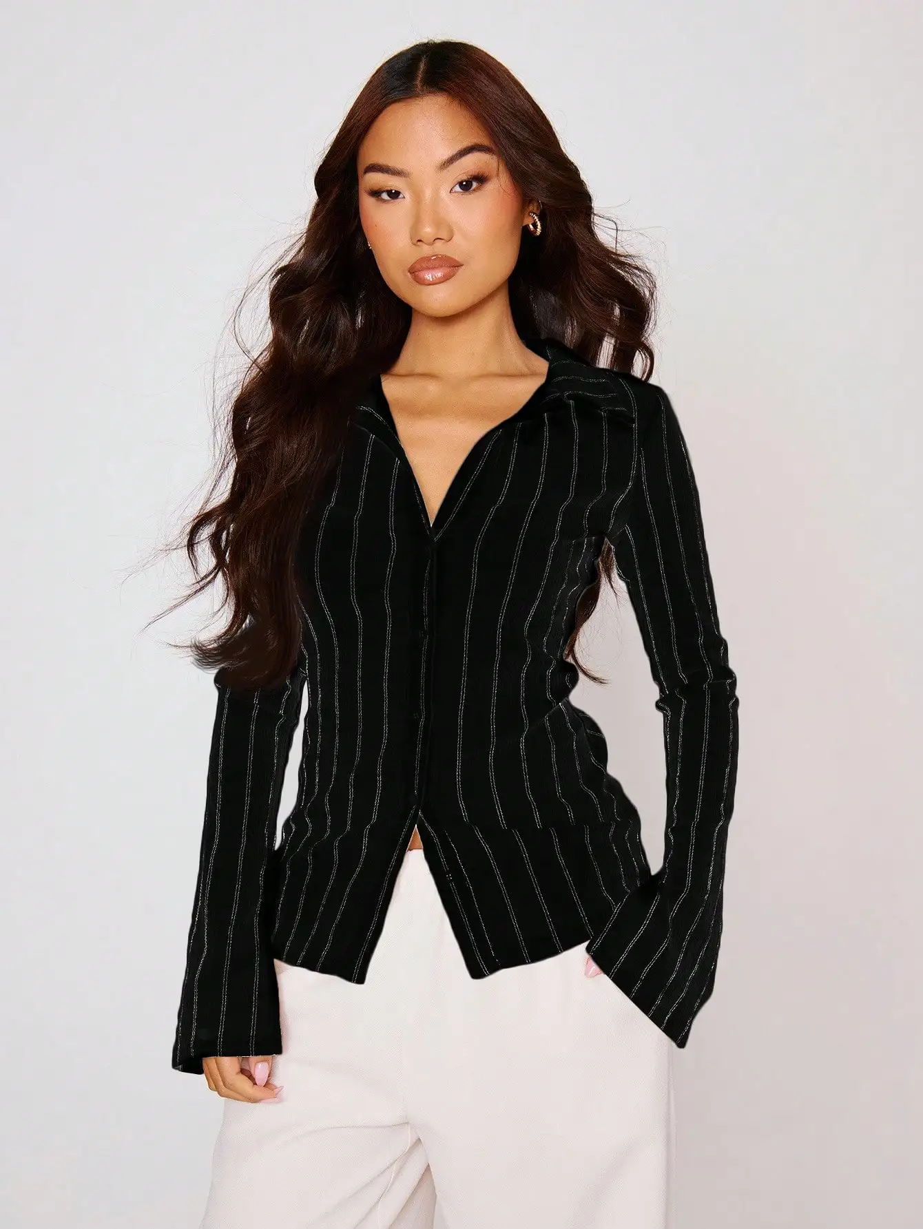 

Fitted Striped Flare Sleeve Button Up Shirt Casual Elegant Work Party Top
