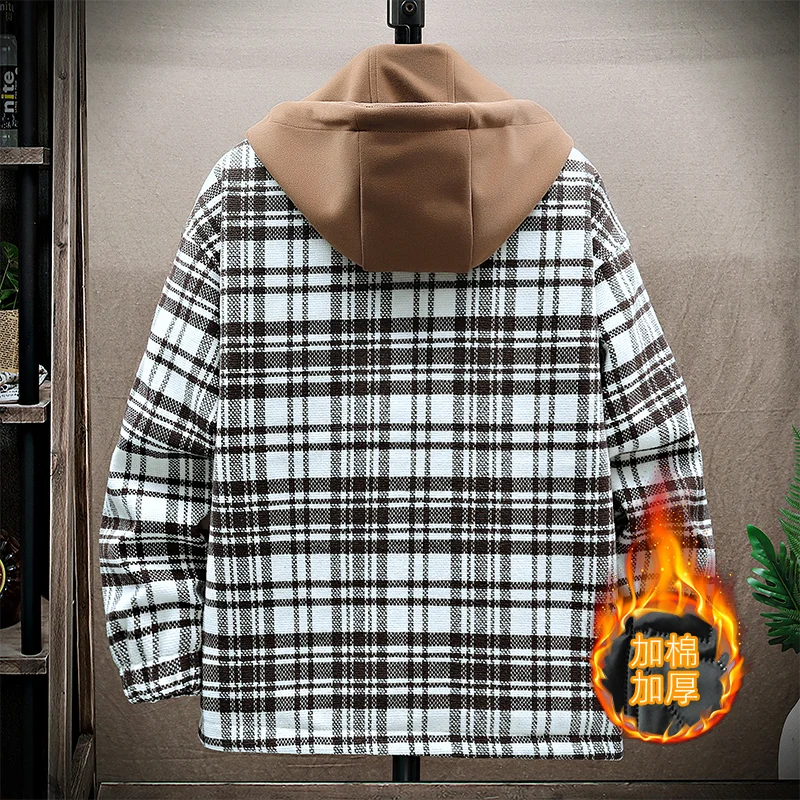 New Casual 2024 Winter Men's Plaid Hooded Cotton-Padded Jackets Youth Streetwear Hat Detachable Checkered Thick Top Woolen Coats