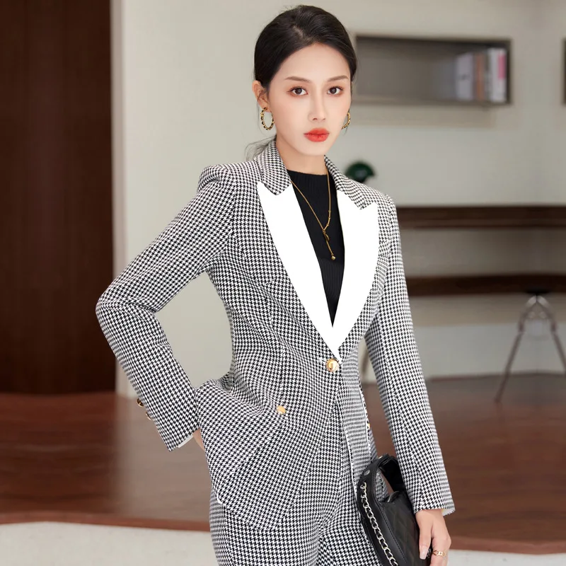 Setelan kotak-kotak wanita 2 potong, Blazer + Celana Houndstooth pakaian kerja kantor Formal wanita bisnis modis mantel celana panjang gaun Prom