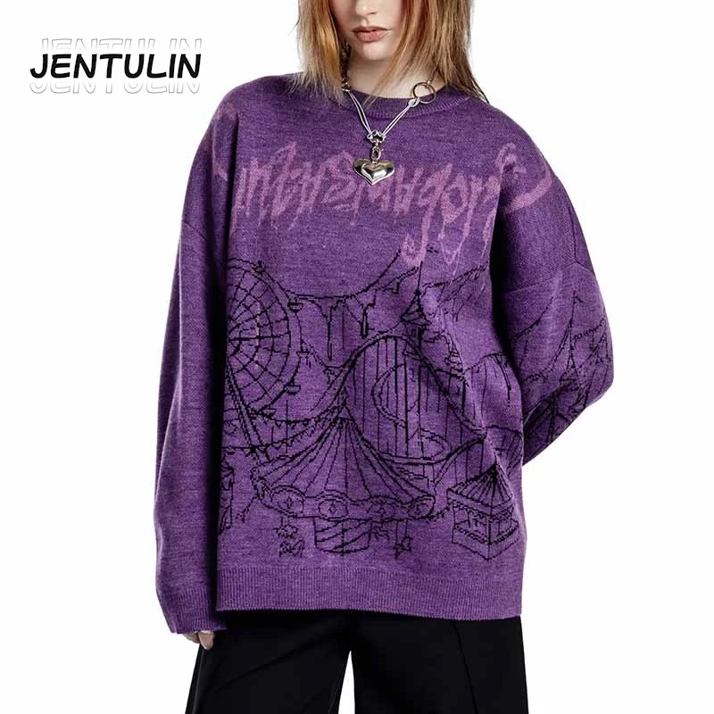 

Женский фиолетовый вязаный свитер Y2K, зимний пуловер с рисунком Phantom, топ с длинными рукавами, хип-хоп, готический джемпер в стиле Харадзюку, уличная одежда