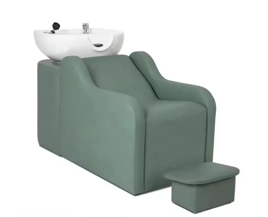 Modern Luxury Salon Shampoo Chair Station with Ceramic Basin Green Synthetic Leather Hair Wash Chair for Workshop Use