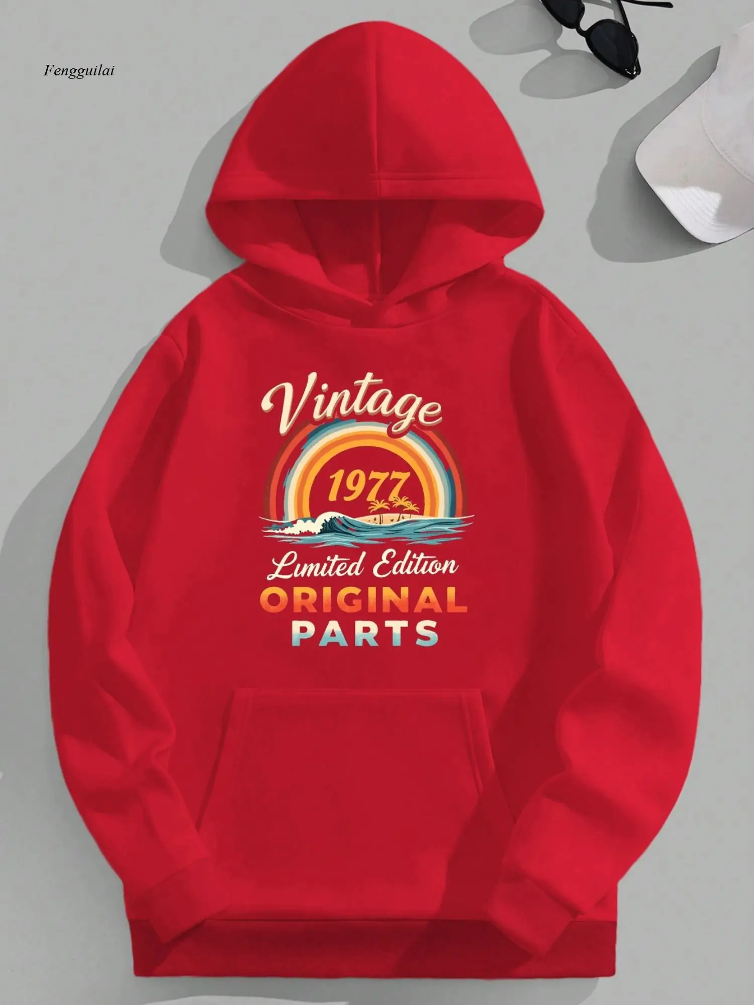 

Толстовка с капюшоном — винтажный дизайн ограниченного выпуска 1977, красный повседневный пуловер с рисунком Радуга и Солнца, свободный крой, длинный рукав