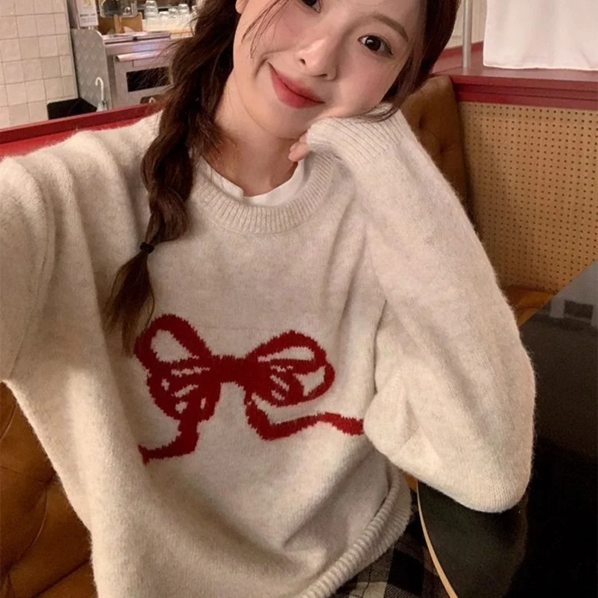 Sweater Tops Sweet Age Reduction Lazy Wind Bow Knot Winter New Retro Style Temperament Warm Interior Layering Y2k  Bear Jumper