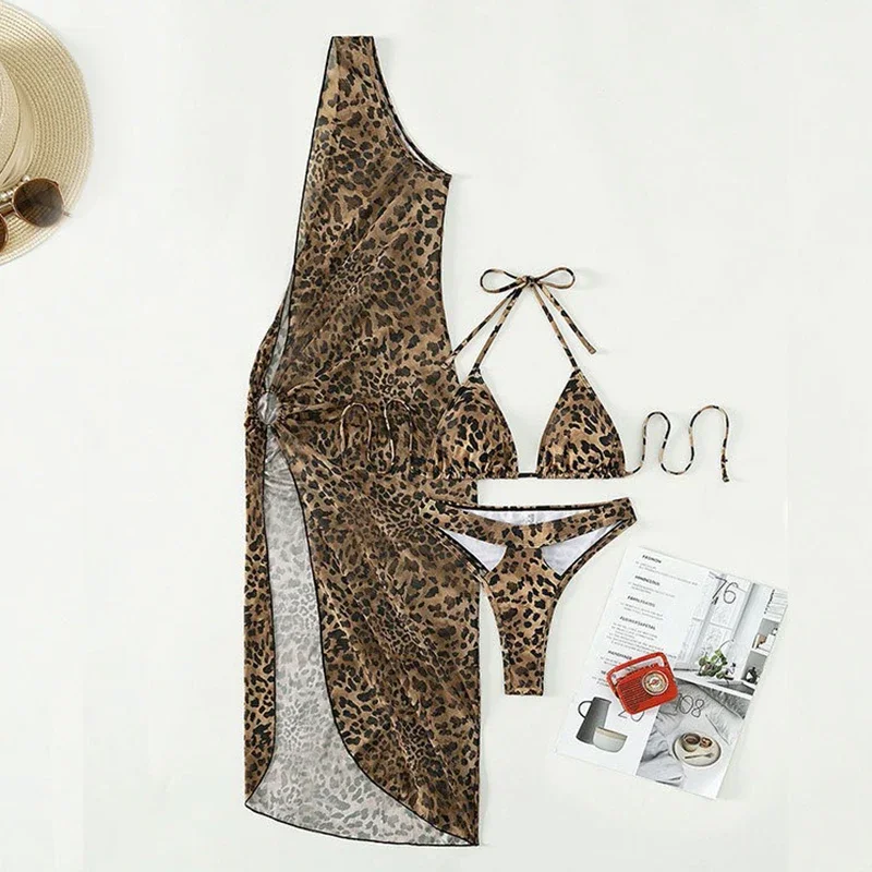 Retro Printing Swimsuit Women Bikini Set Sexy Lace Up Triangle Hollow Out Thong Micro Bikini One Shoulder Mesh Cover Up 3 Piece
