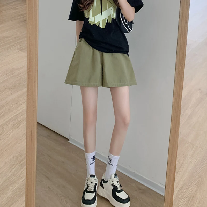 女性のカジュアルワイドレッグショーツ夏無地弾性ハイウエストショーツ女性韓国ストリートポケットショートパンツ女性