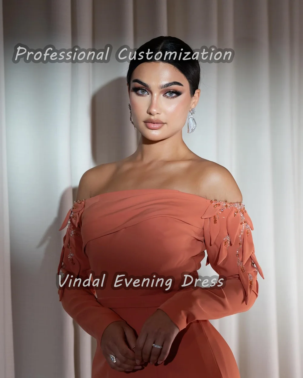 Vindal Off-the-shoulder Floor length Beaded Mermaid luxurious Breast padding Crepe Elegant long Sleeves السعود For Woman 2024