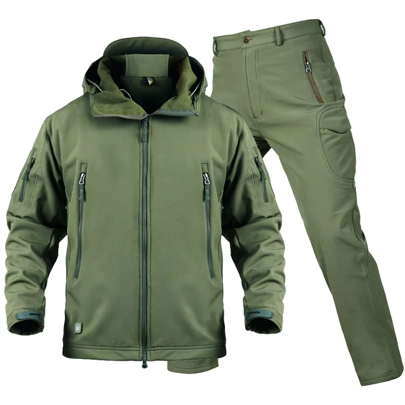Jaqueta tática impermeável do exército e calças de carga para homens, roupas de lã, capa macia, bolso múltiplo, pele de tubarão, inverno, 2 peças