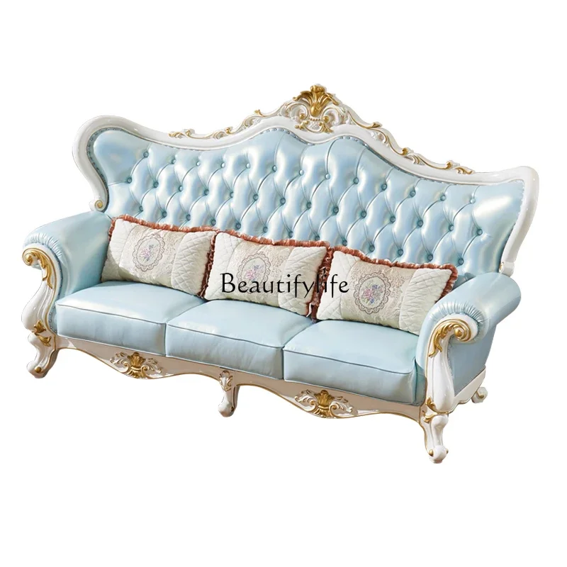 

European leather solid wood sofa large apartment villa living room gold sofa solid wood carving flower