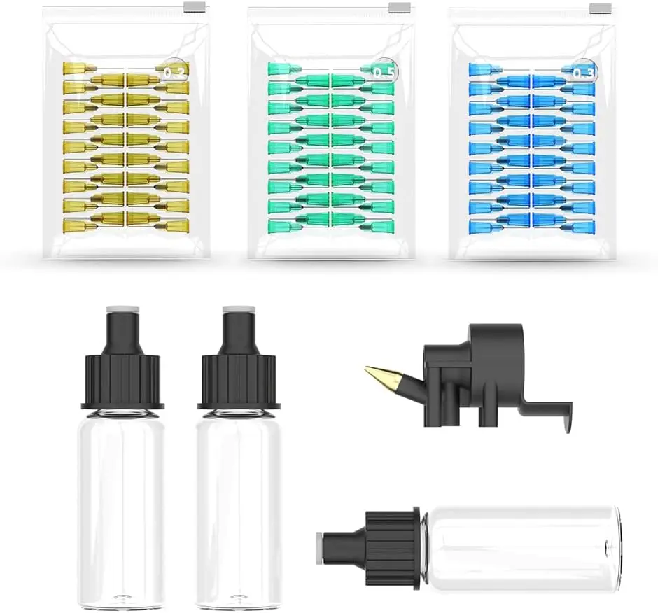 

150pc Airbrush Nozzle Kit: 0.2/0.3/0.5mm Needles + 3 Bottles & Spray Module for Quick Color Change & Leak-Proof Storage