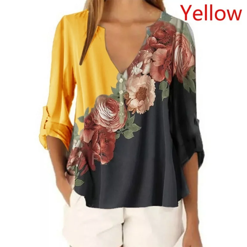 Camiseta solta estampada floral feminina, pulôver com decote em v, tops de manga 3/4, frente 3/4, roupas casuais, moda, verão, XS-5XL, 2023