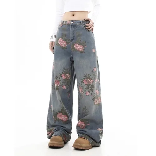 Imagen 2 del producto Vaqueros holgados con flores azules para mujer Y2K, Harajuku japonés, estética de calle alta, pantalones vaqueros Retro de pierna ancha y cintura alta, ropa 2025