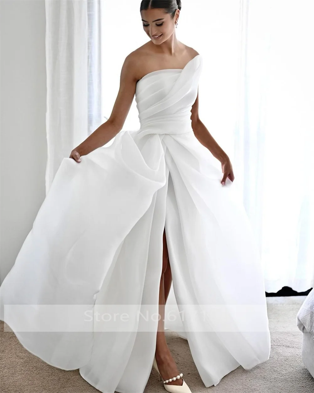 One Shoulder Organza Pleated Wedding Party Dress A-line Side Slit Backless and Button Bridal Gown with Train Vestidos De Novia image 2