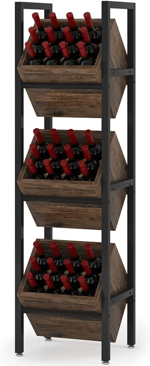 Wine Rack Freestanding Floor, 3 Tier Wooden Wine Storage Stand, Wobble-Free Wine Holder Display Shelf Liquor Bottle Organizer