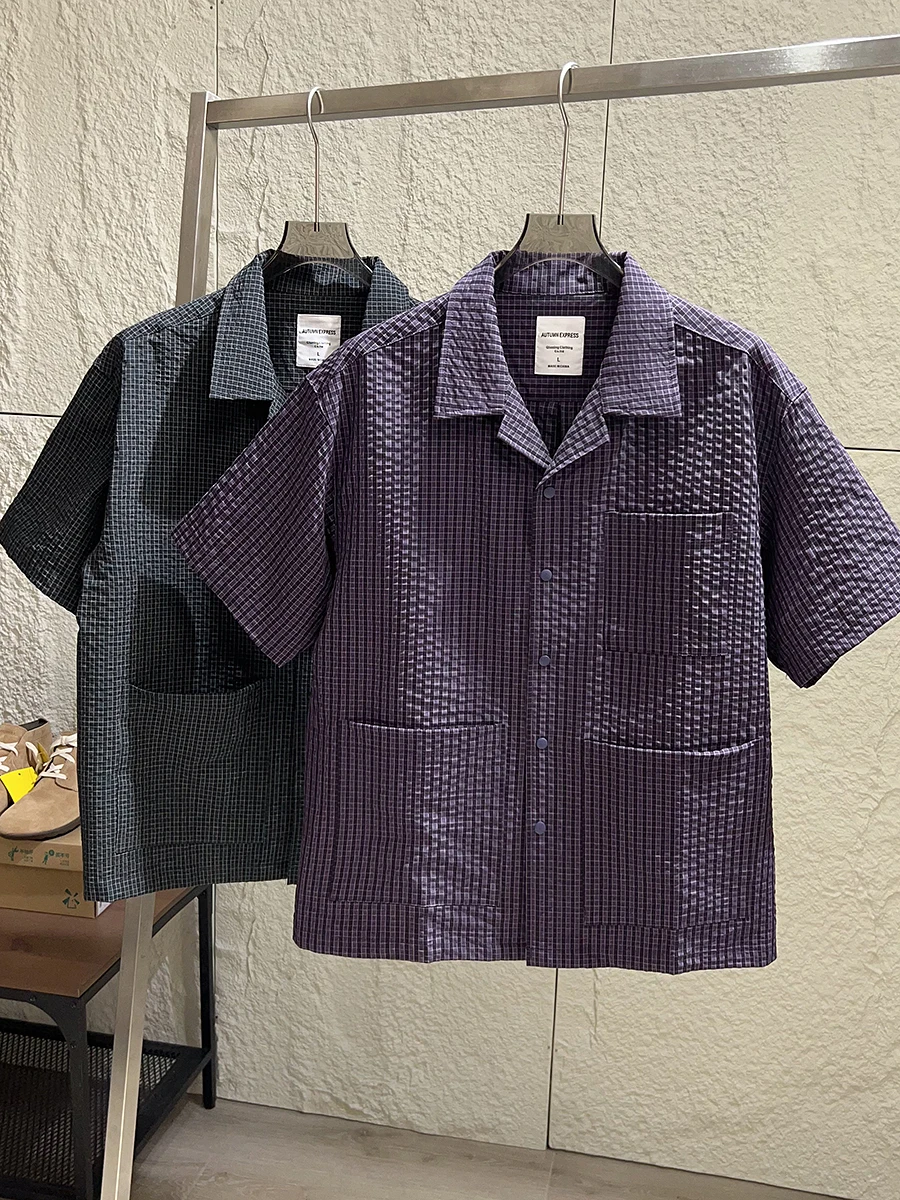 

American Retro Bubble Cloth Texture Casual Loose Cuban Collar Short Sleeve Shirt for Men Breathable Moisture Wicking Summer S...