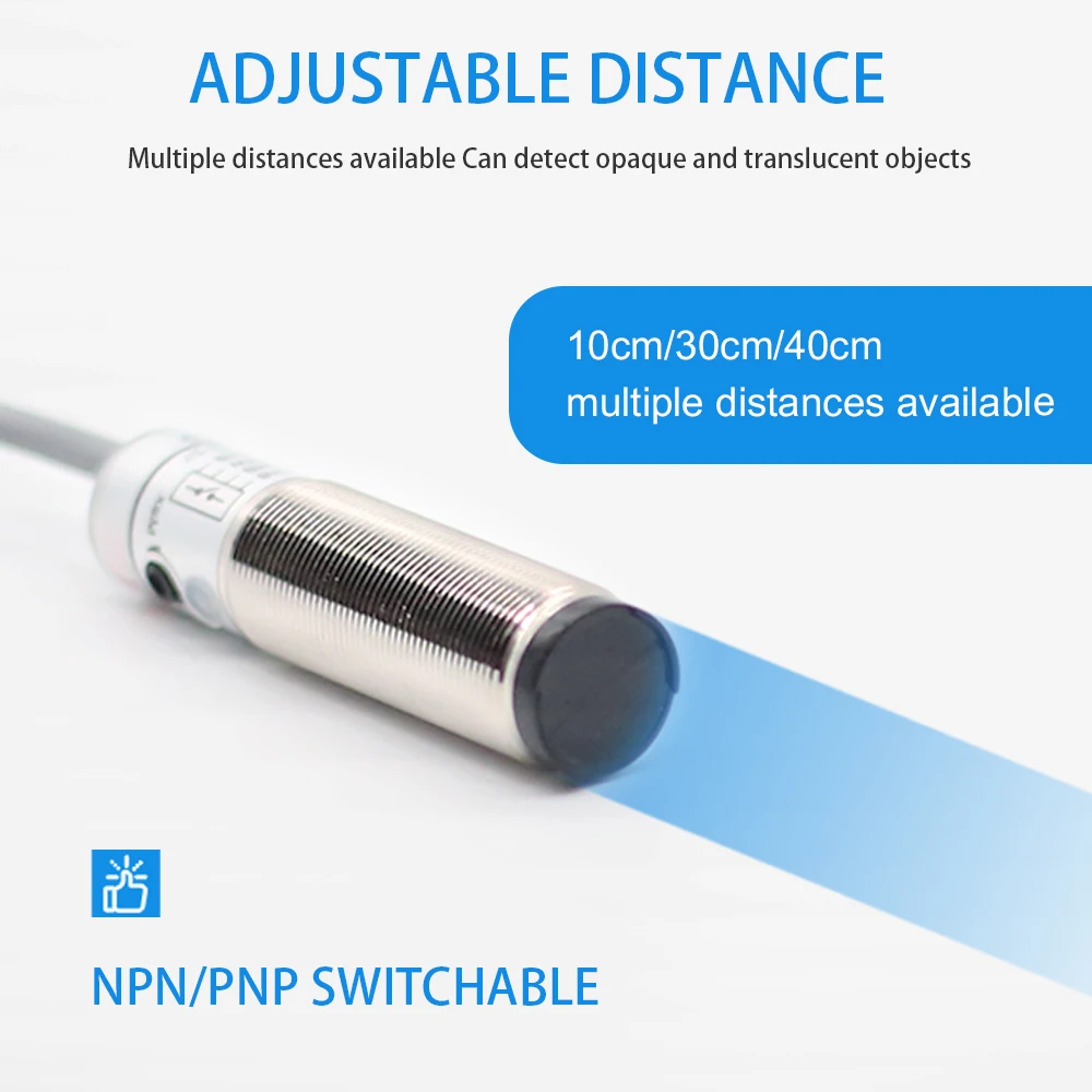 M18 Photoelectric Switch Sensor 10cm 30cm 40cm NPN PNP Self-adjust Inferared Diffuse Type IP66