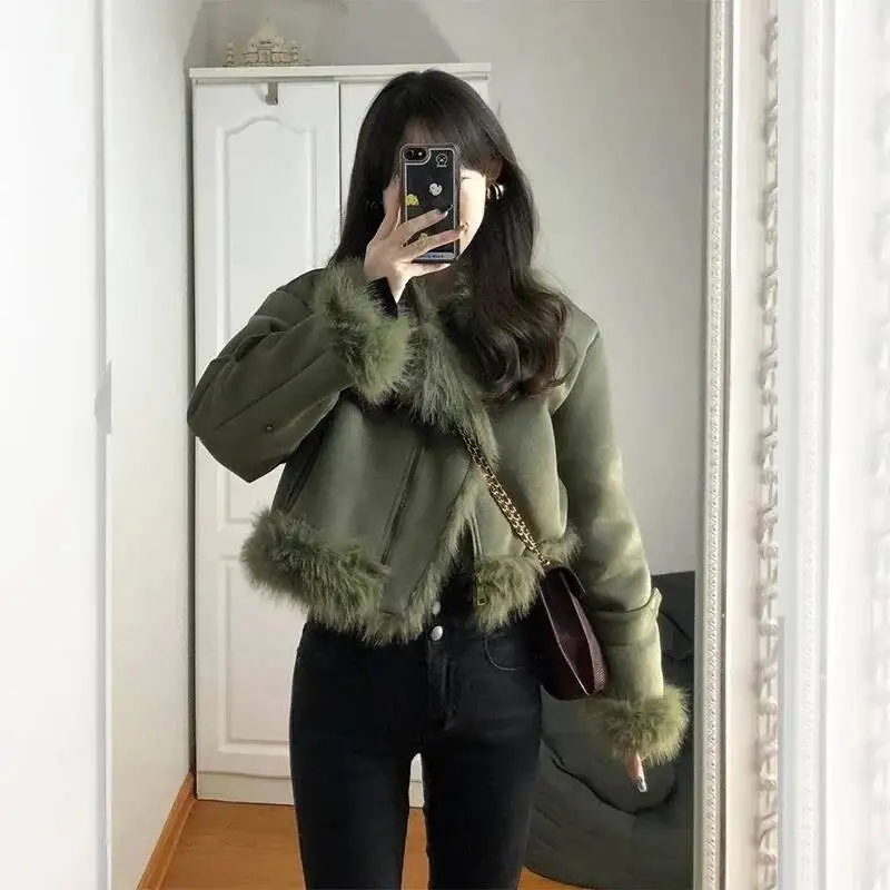 Fashion Women Imitation Fox Fur Integrated Motorcycle Uniform Female 2026 Spring Autumn Winter Design Hairy Coat