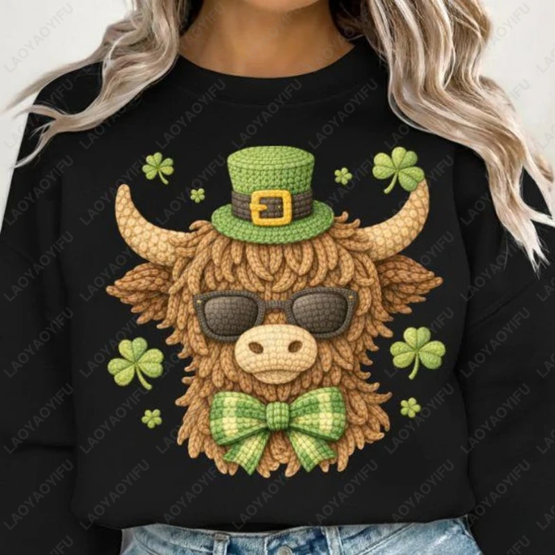 ハイランドカウ セントパトリックデー カジュアル ユニセックス プルオーバー ラッキークローバー ジェントリー イミテーションニット プリントスウェットシャツ アイリッシュ ロパ ムヘール