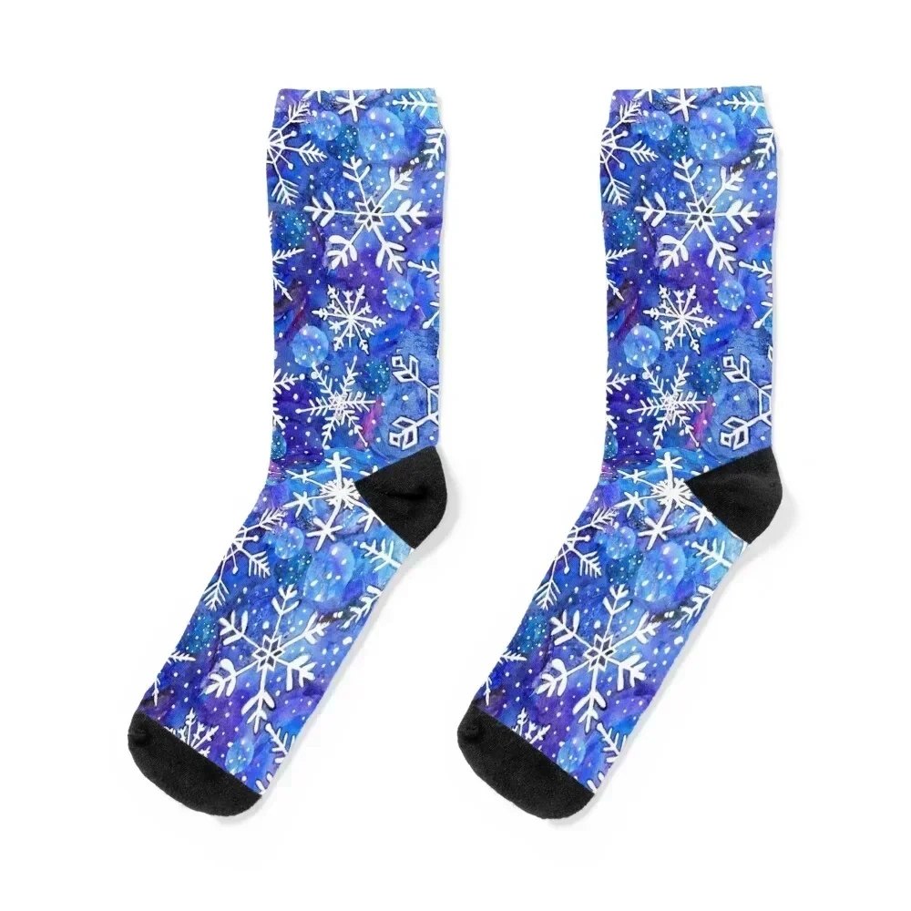 

Christmas snowflake midnight sky on blue , painted in watercolor Socks christmass gift happy gym floor Men Socks Women's