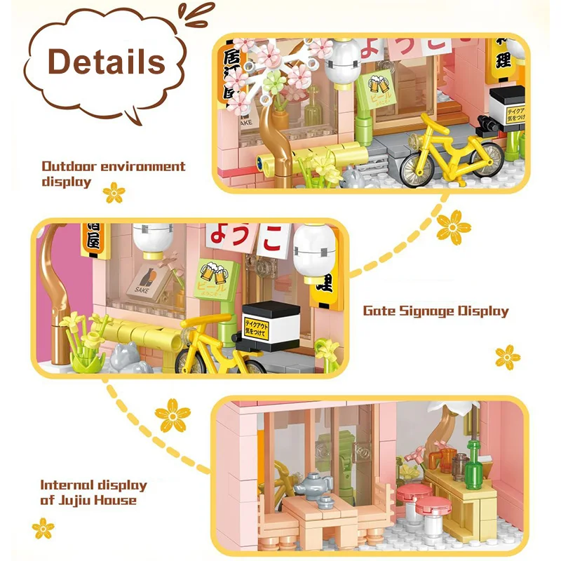 Creative Street View Izakaya Sakura House Model Building Blocks City Cherry Blossom Hut MOC Bricks With Figure Toys For Kid Gift