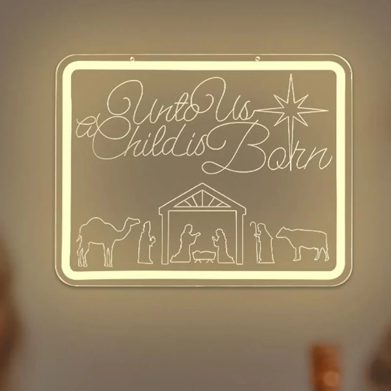 

Веселого Рождества Неоновая вывеска Резьба с регулируемой яркостью Unto Us A Child Is Born Неоновая вывеска Настенный декор для рождественской рождественской сцены Украшения J