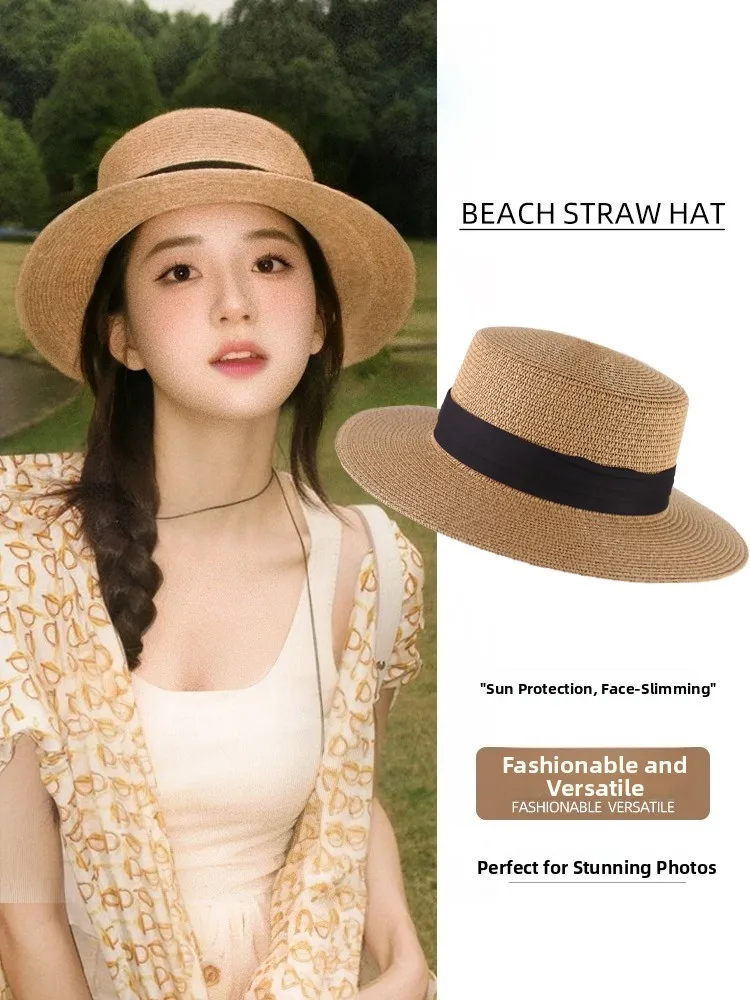 Retro Straw Woven Sun Hat Women's Summer New Outdoor Large Brim Sunscreen Flat Top Solar Ceremony Hat Country Style Other