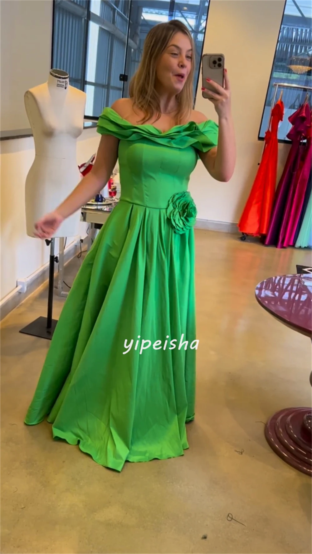 Customized Jersey Flower Ruched Engagement A-line Off-the-shoulder Bespoke Occasion Gown Long Dresses